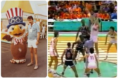 Manuel Ovalle, junto a Sam, la mascota de los Juegos Olímpicos de Los Ángeles 1984. Y la imagen televisiva del salto inicial de la final del baloncesto entre Estados Unidos y España